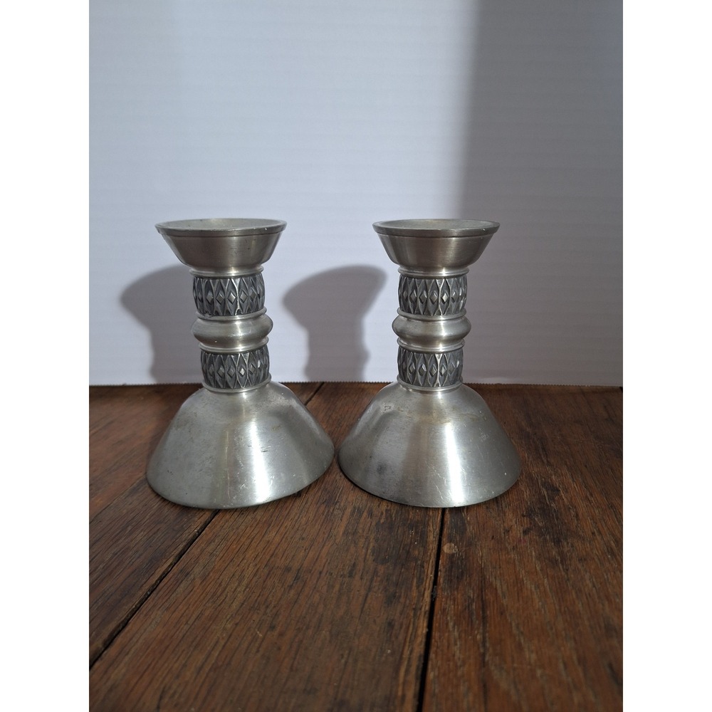 Vintage Nastad Pewter Norway Candlestick Holders Pair Diamond Pattern 102 MCM